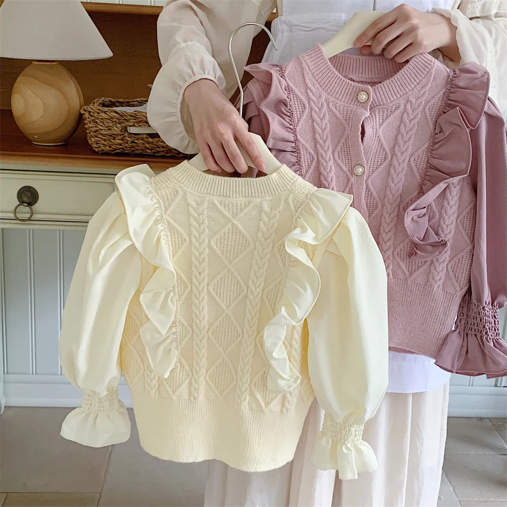 New Kid Girl Knitwear Spring Autumn Flared Sleeve Jacquard Peal Button Children Girl Cardigan Lace Elastic Hem Baby Girl Sweater