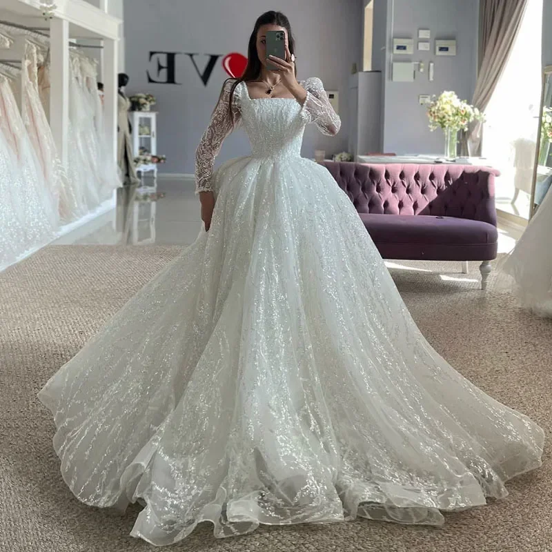 

Customized Luxury Beading Wedding Dresses A Line Long Sleeve Bride Dress Square Neck Ball Gown Princess Vestidos De Novia