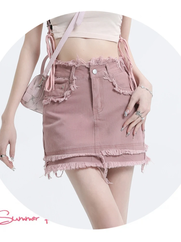 

Harajuku Sweet Pink Raw Edge Denim Short Skirt Female 2023 New Women's Tassel Pocket Anti-Exposure A- Line Jean Sheath Pantskirt