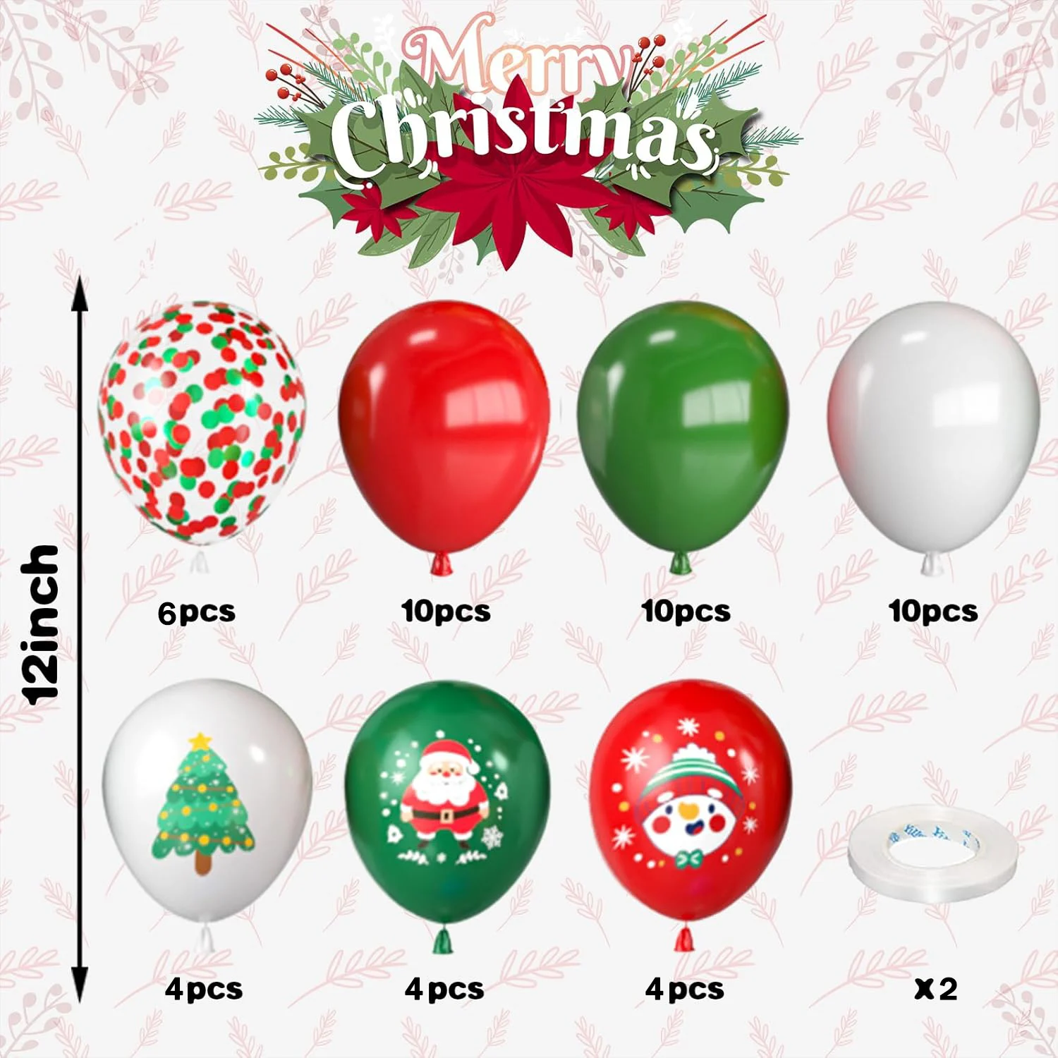 Christmas Balloons 12 inch Red Green Confetti Balloons Printed Santa Snowman and Christmas Tree for Christmas Party Decorations