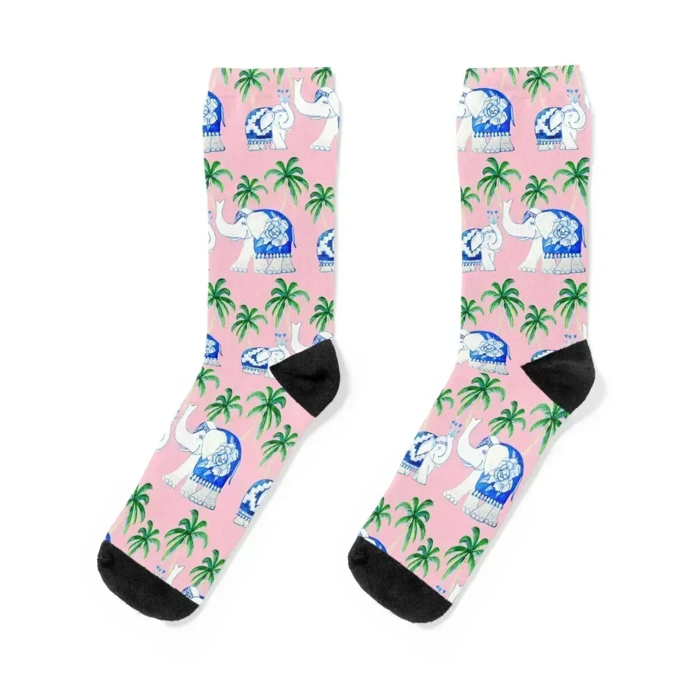 Chinoiserie elephants with palms on pink Socks essential gift Socks Ladies Men's