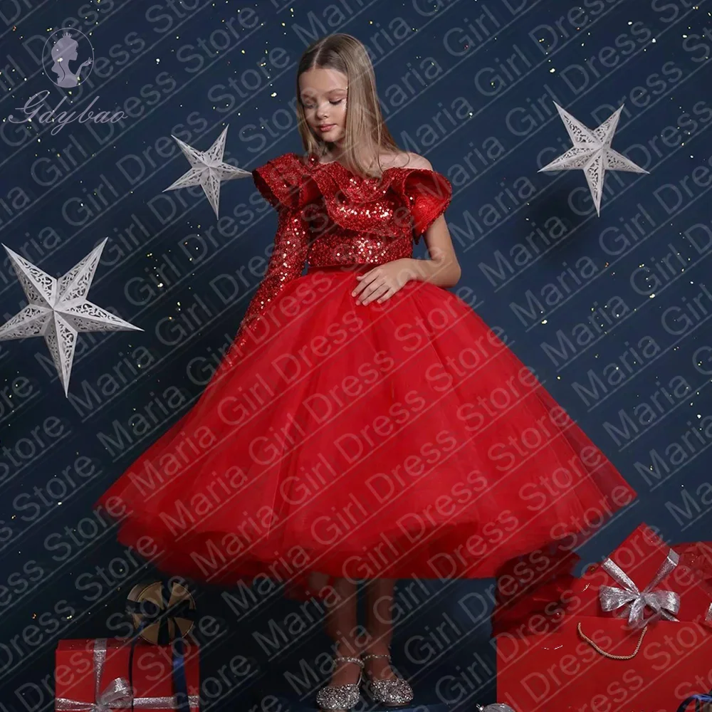 Abito da ragazza di fiore a maniche lunghe monospalla personalizzato rosso, compleanno per bambini, abiti da festa di nozze, abito da eventi ufficiale con paillettes