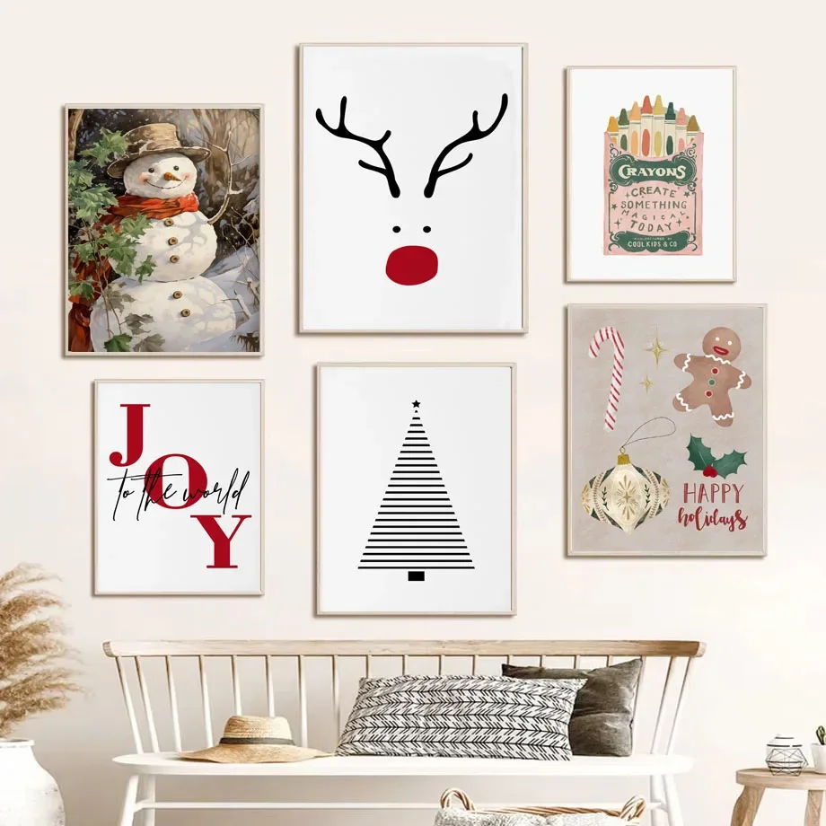 （2D Canvas painting） French Minimalist Winter Christmas Canvas Print Snowman, Reindeer, Gingerbread Man Gift Art Poster Moder