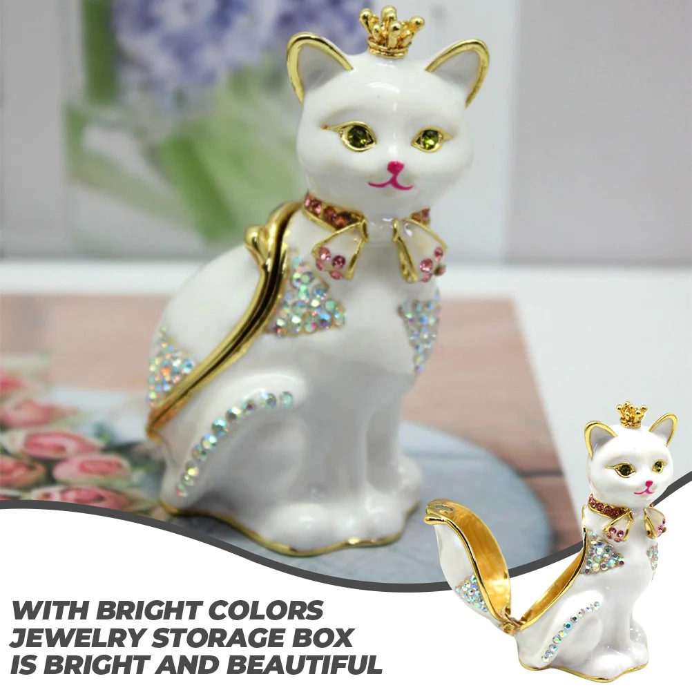 

Metal Crown Cat Jewelry Box Alloy Bright Colors Easy Open Close Simple Design Practical Home Bedroom Party Office Desk