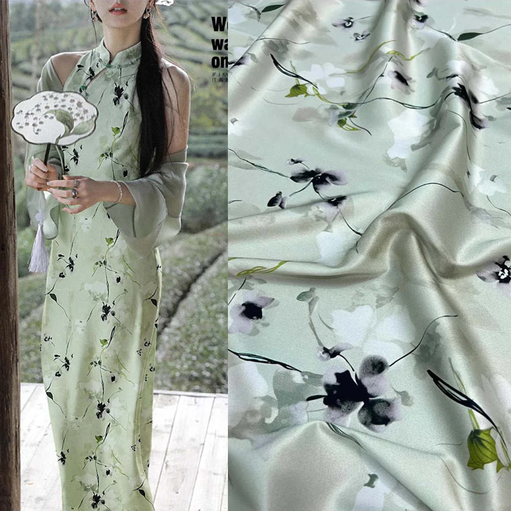 Pure Mulberry Silk Twill 20 momme Width 140cm High Quality Breathable Anti-allergy Natural Soie Material Green Floral Pattern