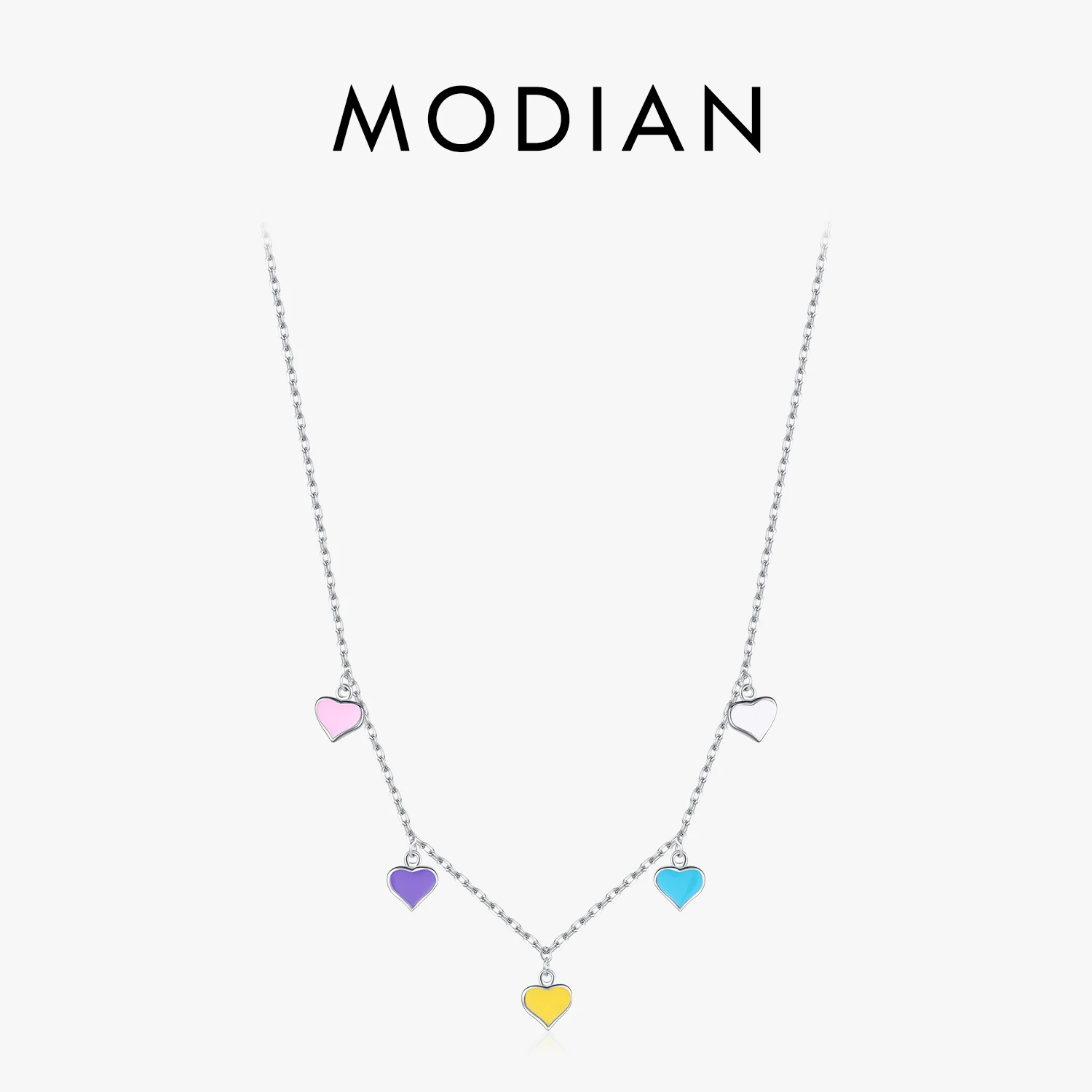 

MODIAN Solid 925 Sterling Silver Rainbow Colorful Enamel Hearts Pendant Necklace Adjustable Link Chain For Women Fine Jewelry