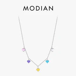 MODIAN Solid 925 Sterling Silver Rainbow Colorful Enamel Hearts Pendant Necklace Adjustable Link Chain For Women Fine Jewelry