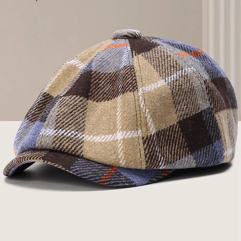 Vintage Classic 4seasons Wool Plaid Beret Hat , Unisex Painter Beret Hunting Retro Cap Korea Hat for Women  Blue Brown Green