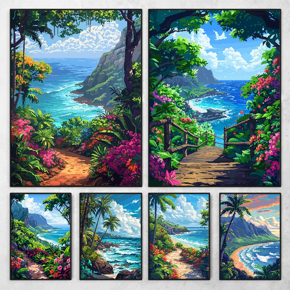 ملصق منظر طبيعي لفن البكسل للسفر ، هاواي ، جزيرة زهور ، رمال ، شاطئ ، مشهد سماء ، لوحة قماشية ، غرفة ، ديكور حائط منزلي ، جدارية