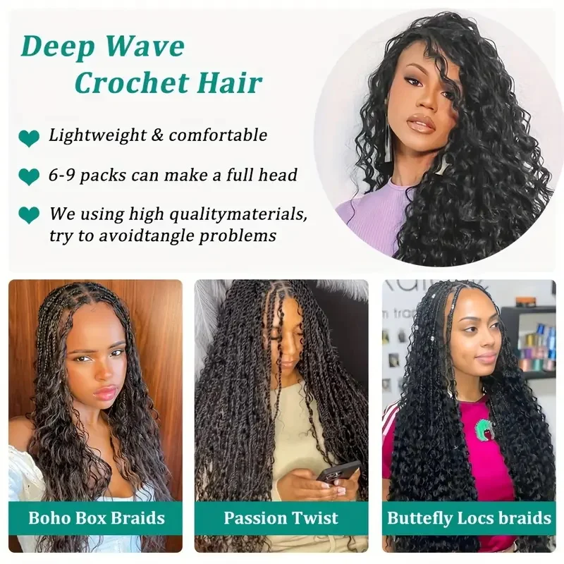 30 Polegada sintético longo encaracolado trança extensão do cabelo crochê para preto feminino longo onda profunda molhado e ondulado trança cabelo
