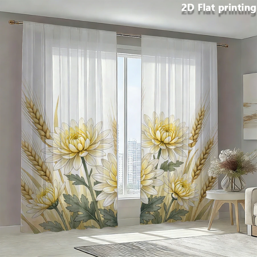 2PCS Digital Print Sheer Curtain, Wheat Ear Chrysanthemum, Boho Chic Window Curtains for Living Room Bedroom Home Decor