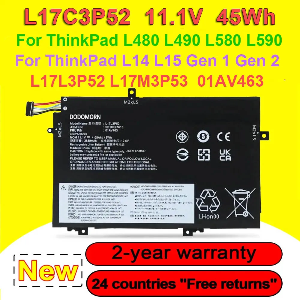 L17L3P52 L17C3P52 Laptop Battery For Lenovo ThinkPad L480 L490 L580 L590/L14 L15 Gen 1 2 01AV463 01AV466 SB10K97610 11.1V 45Wh