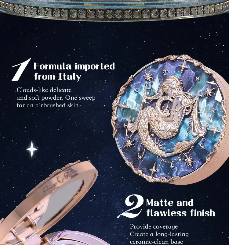 

Flower Knows Pressed Foundation Powder Makeup Moonlight Mermaid Matte Soft Compact Powder Oil Control Waterproof Face Powder