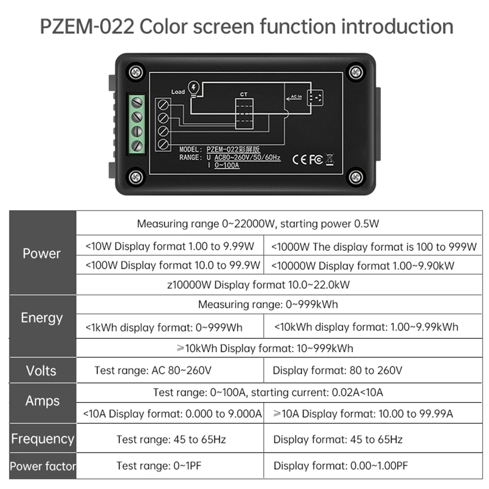 PZEM-022หน้าจอสีเครื่องทดสอบมัลติฟังก์ชั่นแอมมิเตอร์วัดแรงดันไฟฟ้ากระแสสลับขนาด80 ~ 260โวลต์0-100A 22000วัตต์