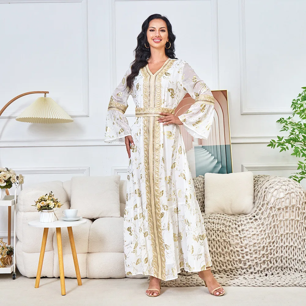 

Mt197 Travel Outfit Dress Summer New Fashion Gold-embossed Long Dress For Women Robe Abaya Ramadan Dubai Luxury Islam Elegant