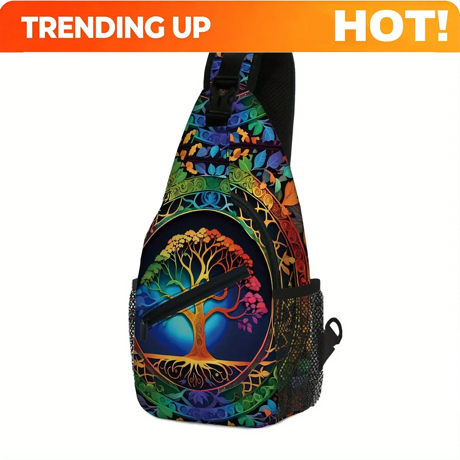 Custom Bohemian Retro Crossbody Bag For Men - Vibrant Tree Design With Colorful Leaves, Adjustable Strap, Perfect For Daily