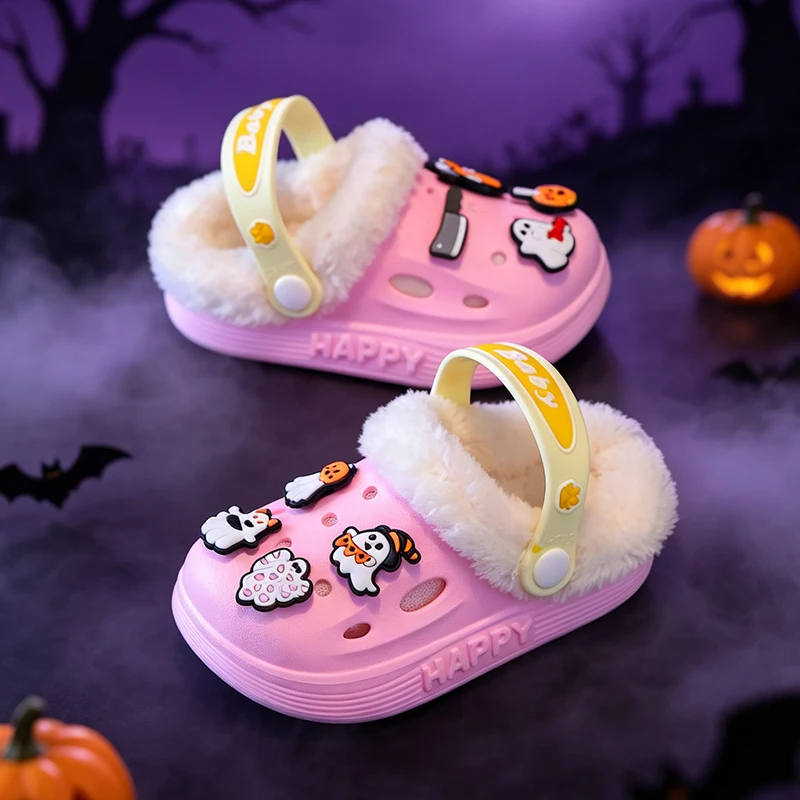 Niedliche Halloween-Geister-Kürbis-Dekoration, gefütterte Clogs für Kleinkinder, warme, rutschfeste Hausschuhe für Jungen und Mädchen. – Detail 12