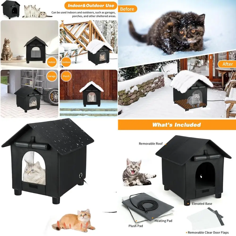 

Большой водонепроницаемый изолированный уличный кошачий домик с аварийной дверью для зимы, подходит для ферлов и маленьких собак (черный, 17,3x20