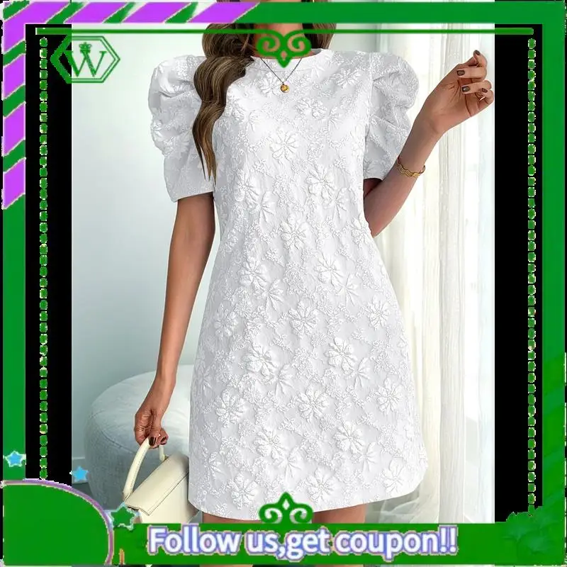 A18P-Women's Floral Puff Short Sleeve Mini Dress High Waist Summer Boho Short Dresses