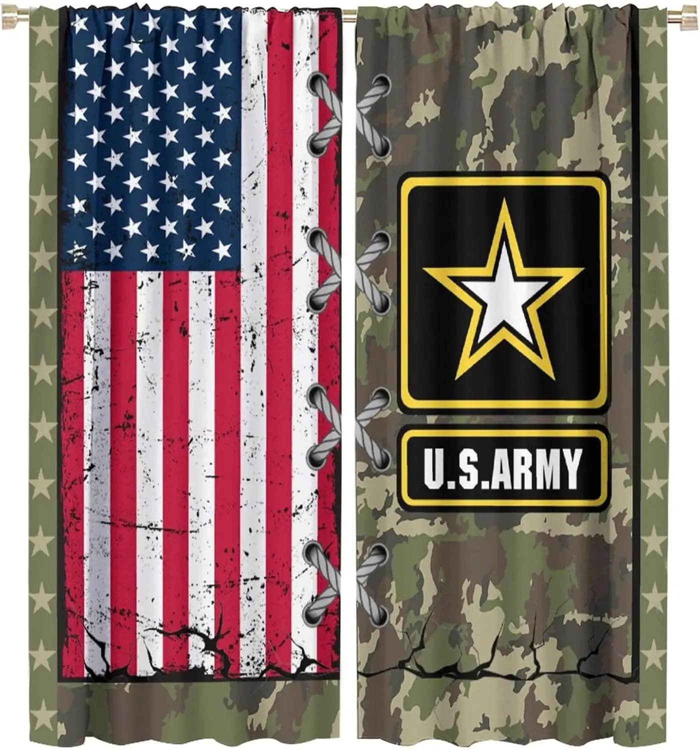 Camo American Flag Window Curtains, Vintage Army Green Military Window Treatments Camouflage US Flag Window Drapes for TeensBoys