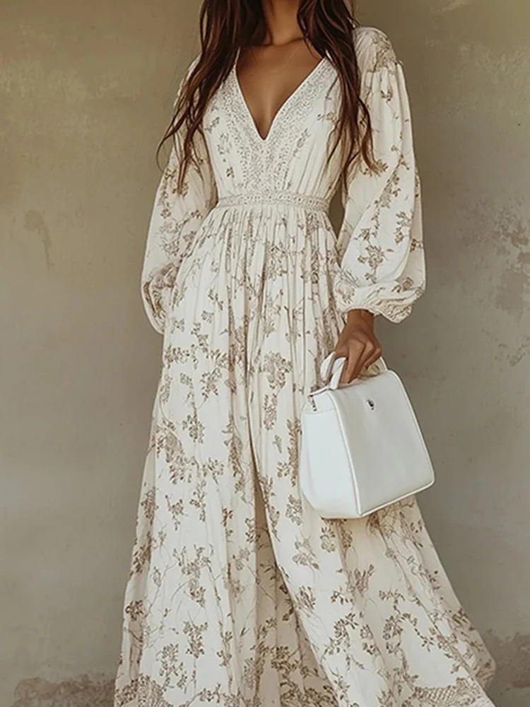 Elegantes Laterne-Langarm-Maxikleid mit großem Saum, Temperament-Spitze, gespleißtes Abendkleid, 2026, neues Kleid mit V-Ausschnitt und Druck im böhmischen Stil