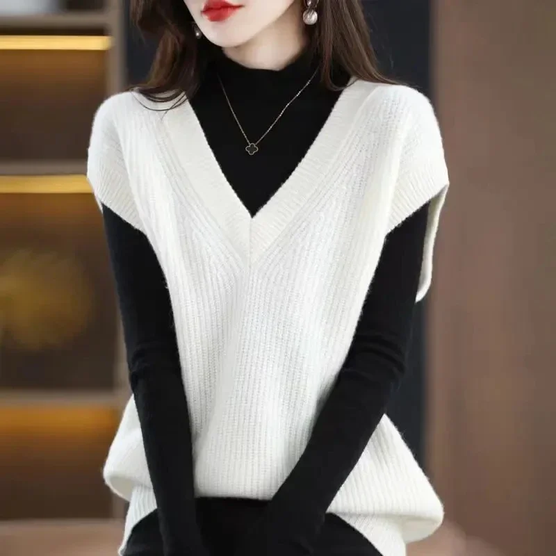 Imitation Wool Knitted Vest Spring Autumn 2024 New Sweaters Women's V-neck Solid Casual Loose Pullover Knitted Leisure Coat