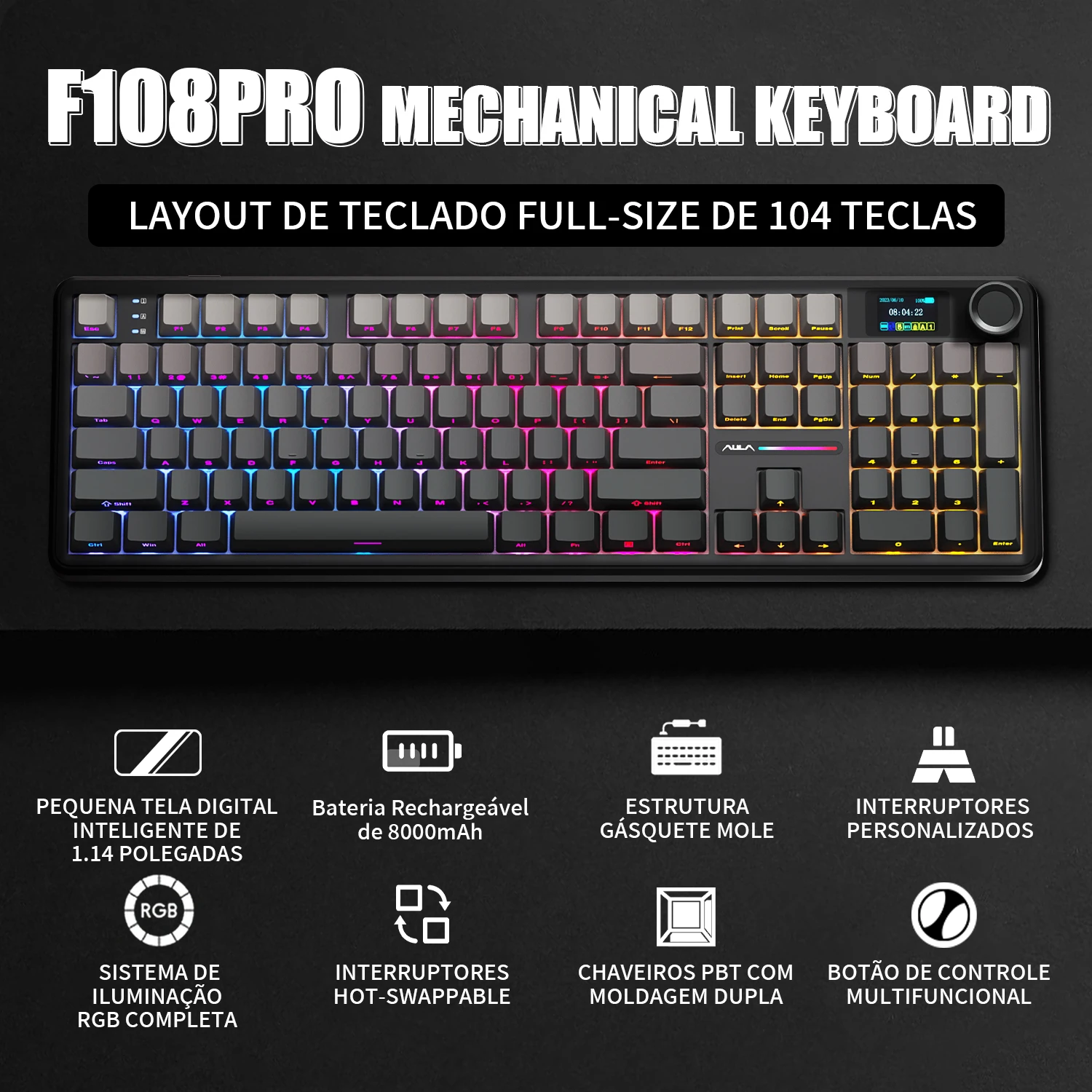 Teclado Mecânico AULA F108 PRO Personalizado com Layout 100% RGB Retroiluminado Sem Fio Bluetooth Hifi Switch para Jogos