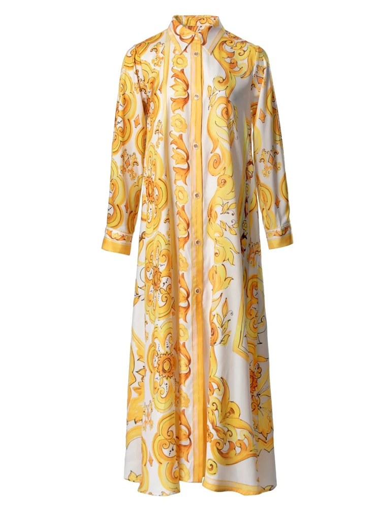 

SEQINYY Elegant Midi Shirt Dress Summer Spring New Fashion Design Women Runway High Street Vintage Yellow Flower Sicily Print