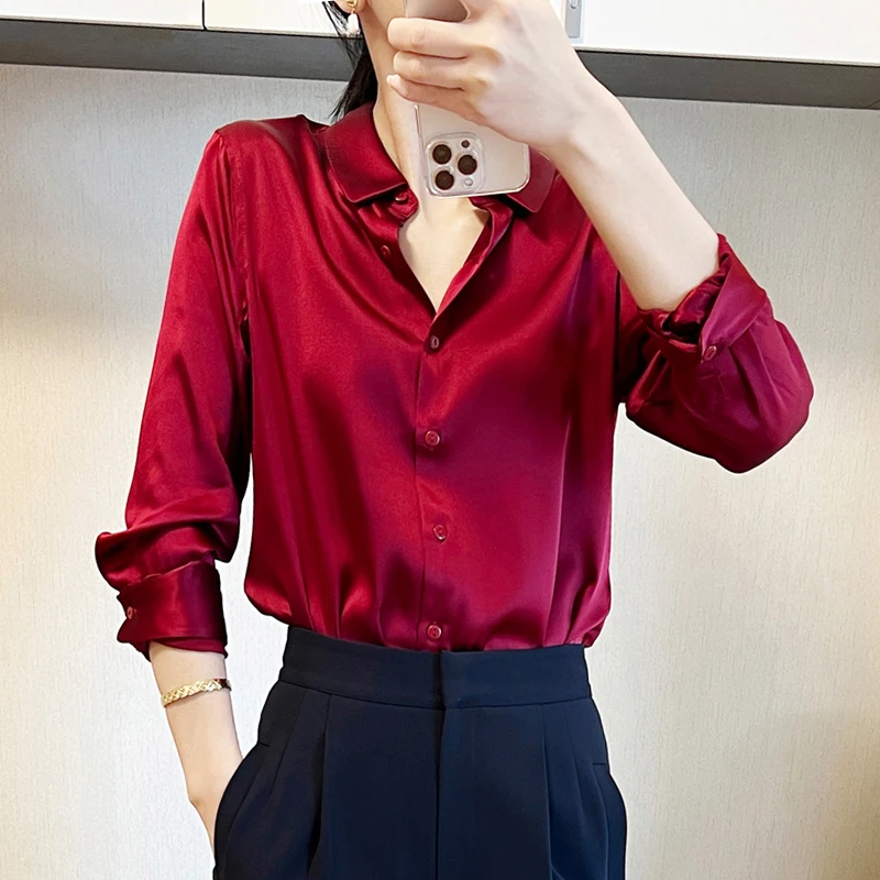 Autumn Fashion Button Up Satin Silk Shirt Vintage Blouse Women White Lady Long Sleeves plus size Street camisas feminina