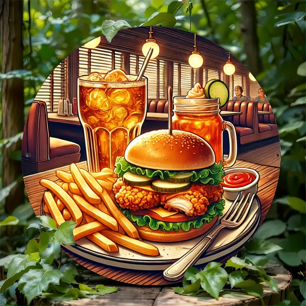 Vintage Metal Wall Sign - Retro Burger & Fries Circular Kitchen Decor for Home Bar Cafe