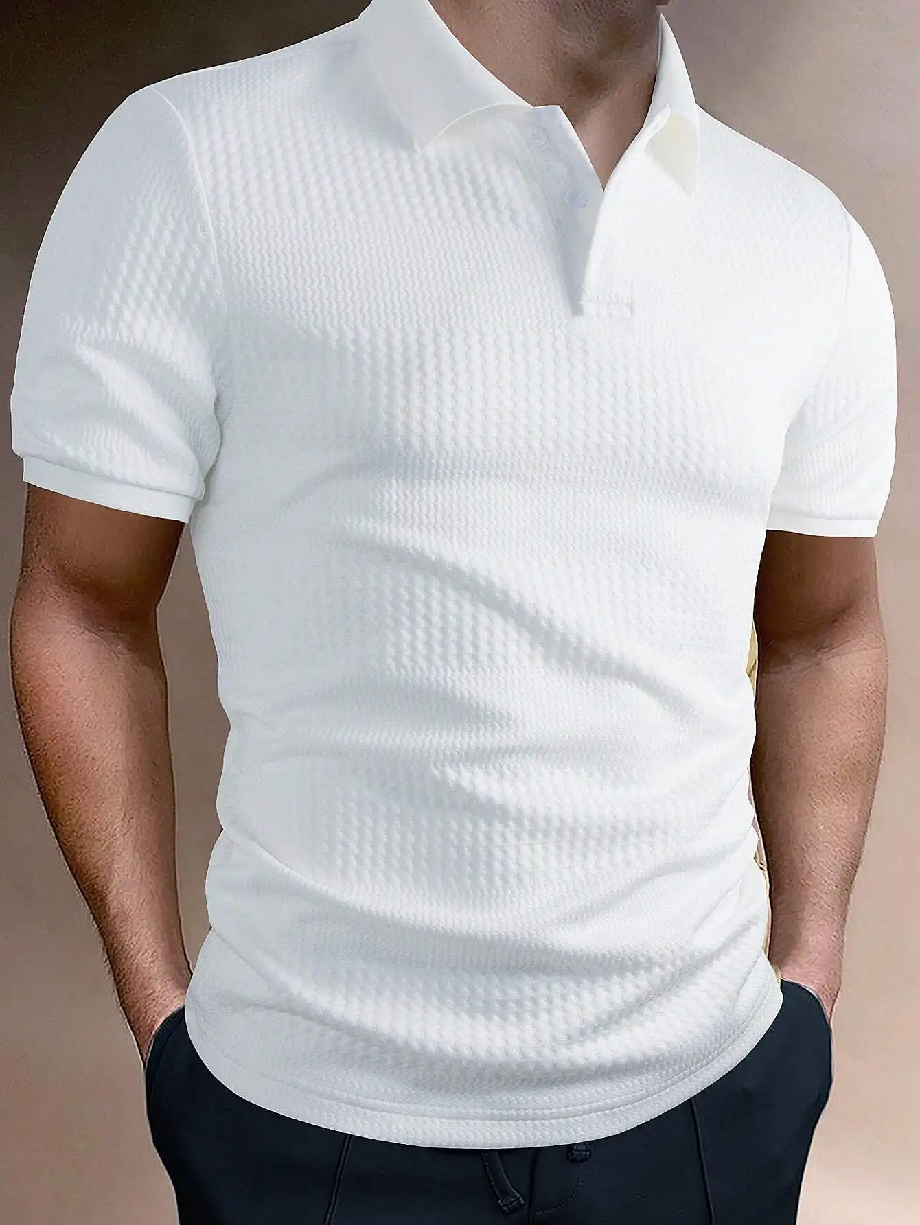 

Men's White Textured Short Sleeve Polo Shirt, Button-Up Collar, Casual Fit