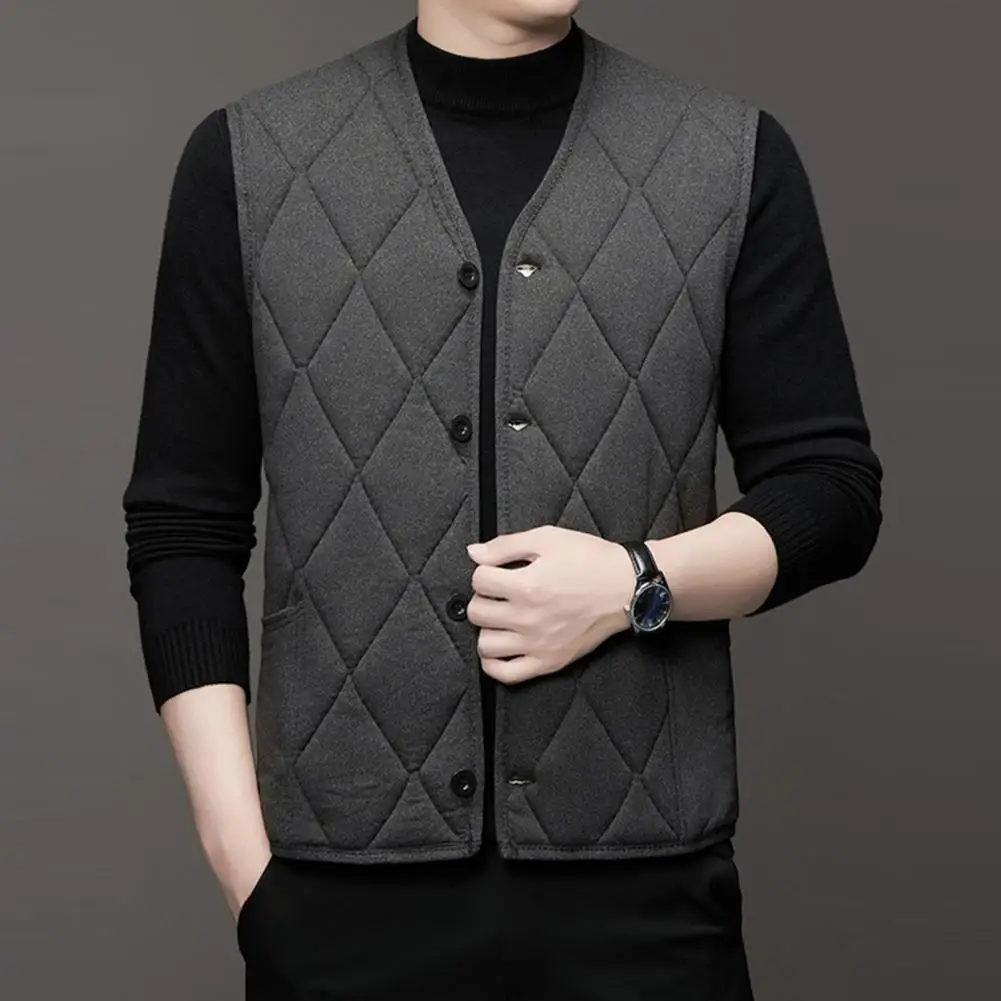 Men Winter Vest Single-breasted Sleeveless Padded Waistcoat V Neck Plush Lining V Neck Waistcoat Autumn Men Casual Waistcoat