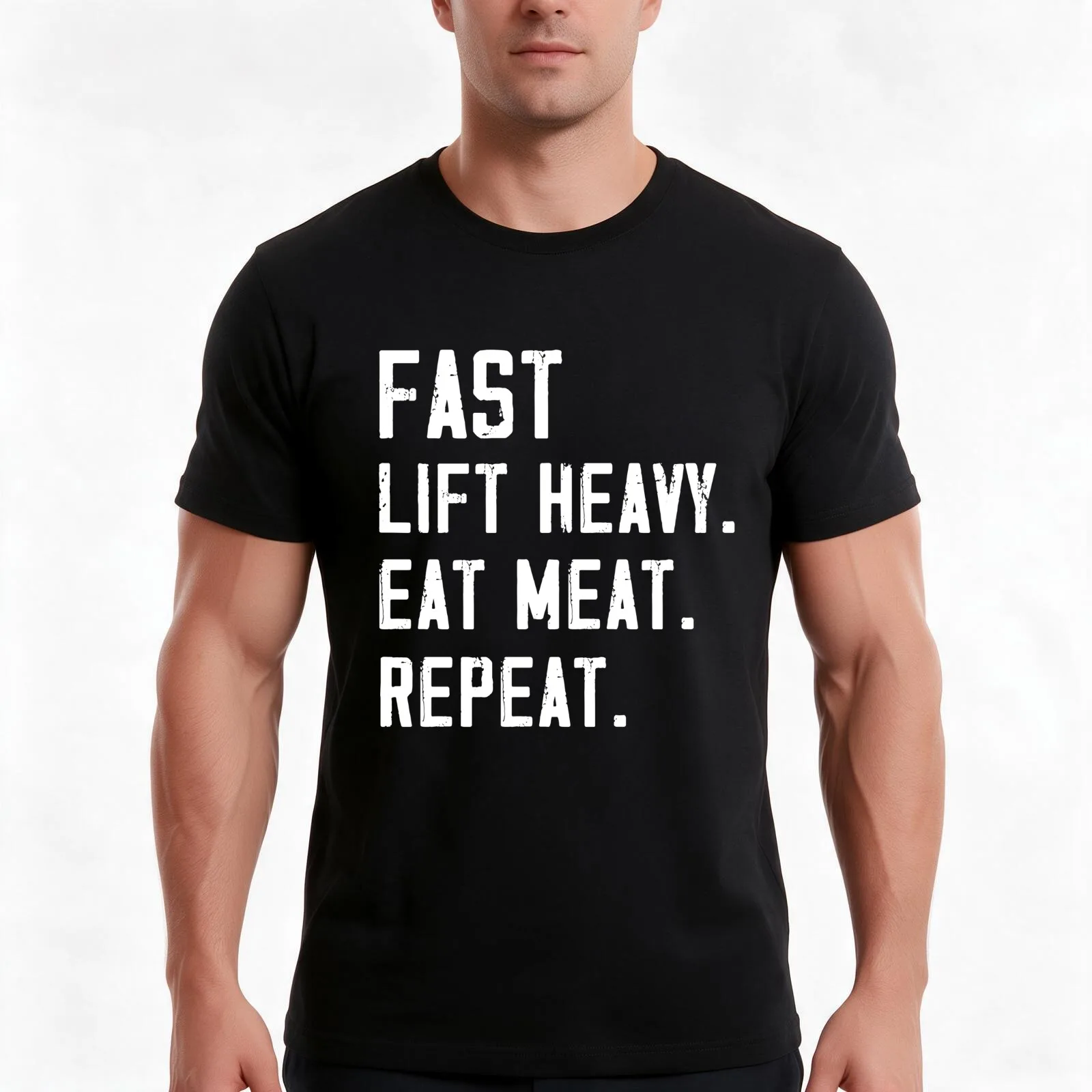 Fast. Lift Heavy. Eat Meat. Repeat. T-Shirt, Summer Casual Cotton Tee, Oversized Streetwear Tops, Vintage Graphic Print