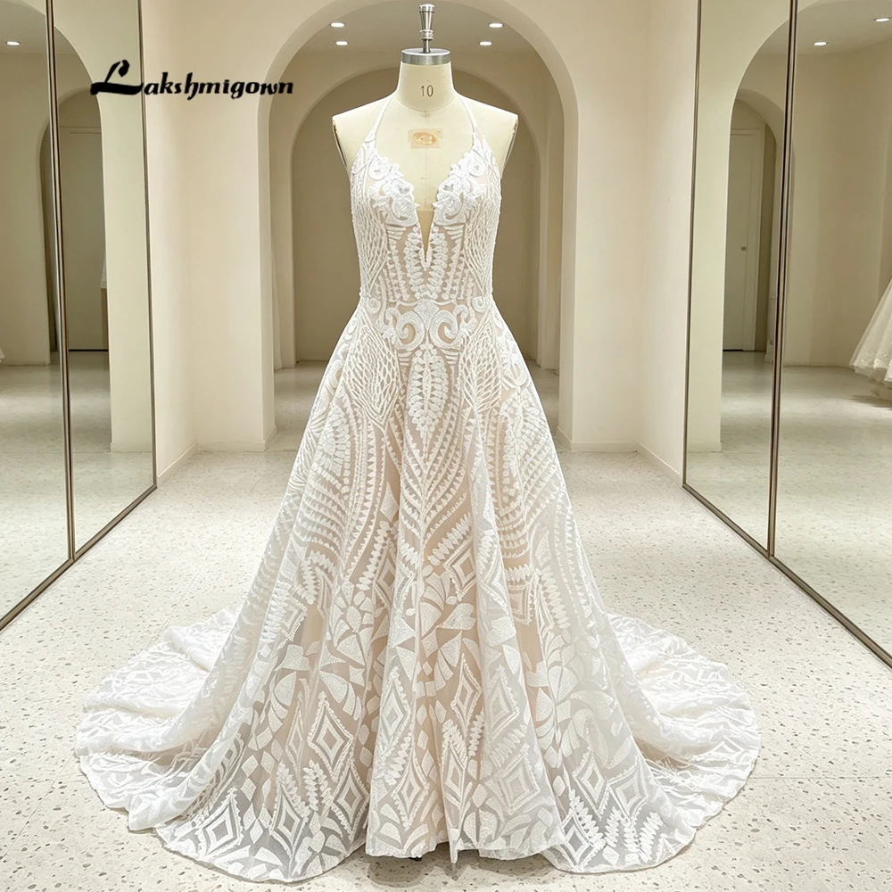 Lakshmigown A-Linie Boho Bohemian Strand-Spitzen-Hochzeitskleid V-Ausschnitt Rückenfreies Brautkleid Spaghettiträger abito da sposa Maßanfertigung – Detail 5