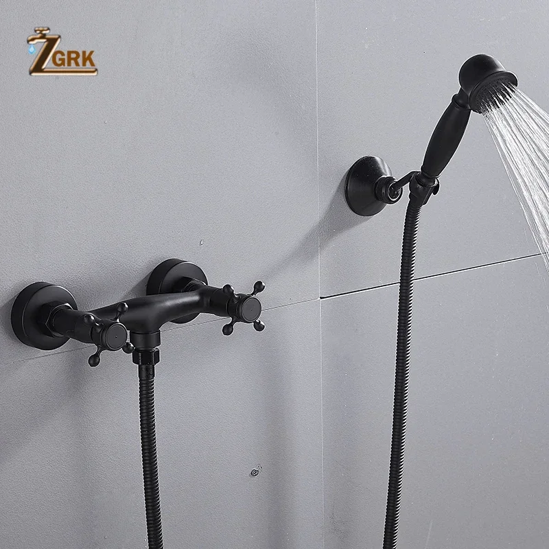 

ZGRK черный смеситель для душа для ванной комнаты с ручным распылением, настенное крепление, двойная ручка, твердая латунь, смеситель для душа для ванны