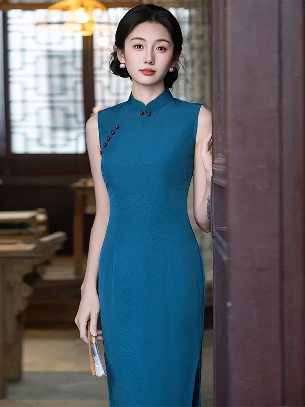 

Blue Long Svel Traditional Chinese Sle New Retro Fit Summer Women's Faion High Quali Polyester Blend Dr