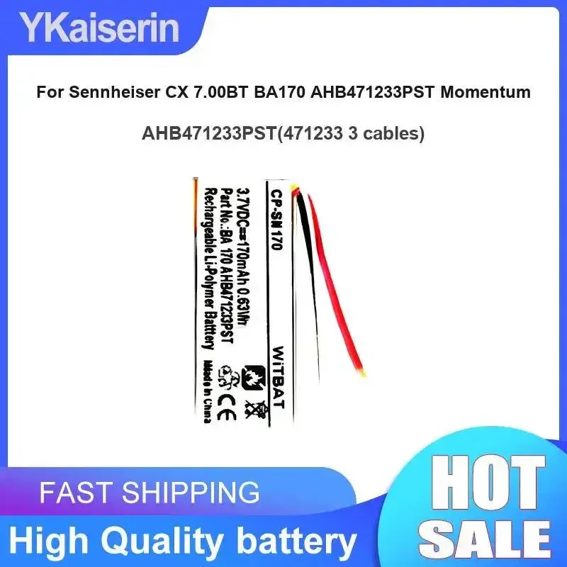 IN - Ear Headphones Battery AHB471233PST 471233 3 Cables 170mAh For Sennheiser CX 7.00BT BA170 AHB471233PST Momentum