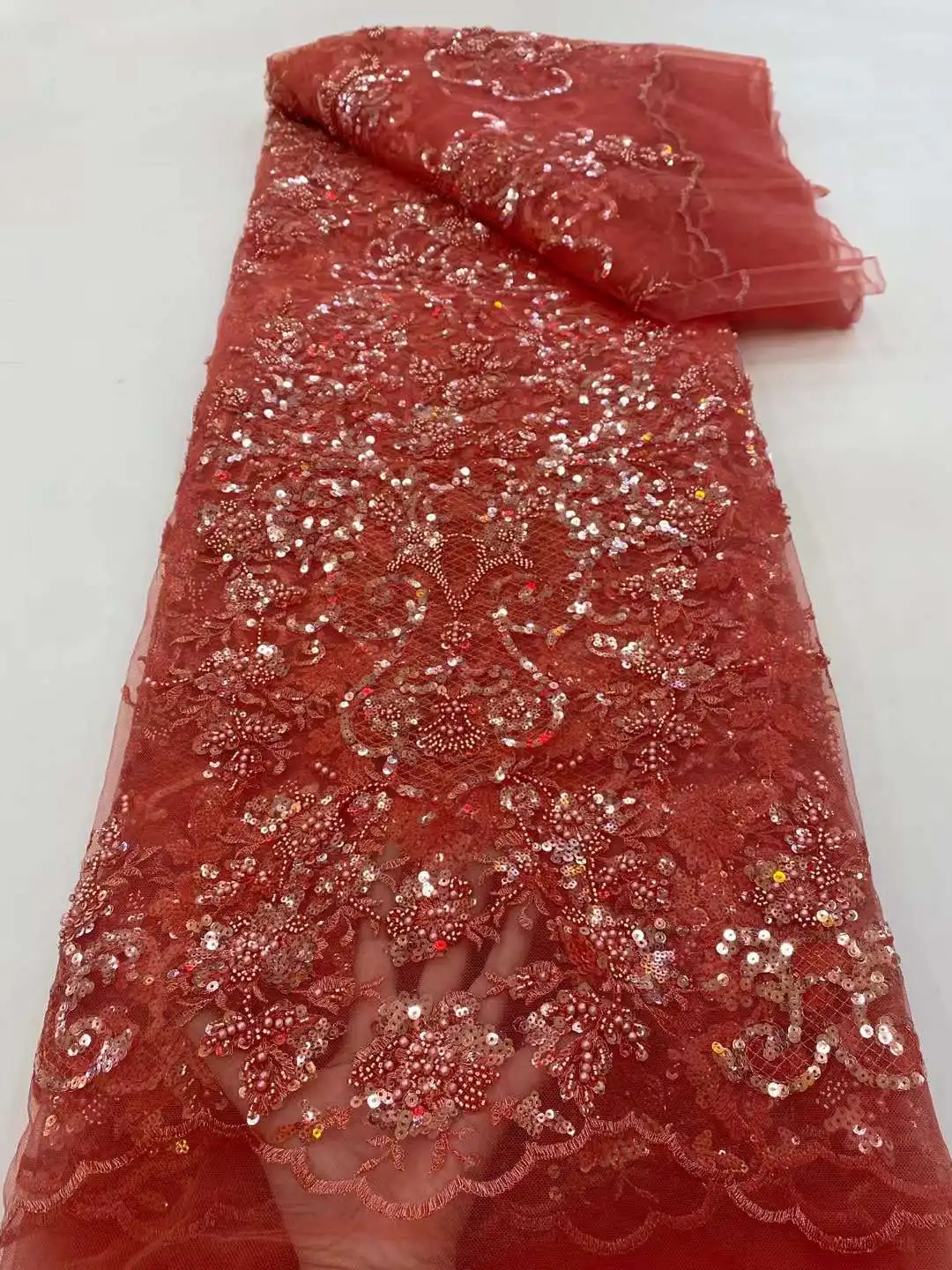 

2022 New Arrival Red African High Quality Luxury Beaded Lace Swiss Handmade SequinsFabric For Party Wedding Bride Dress Material