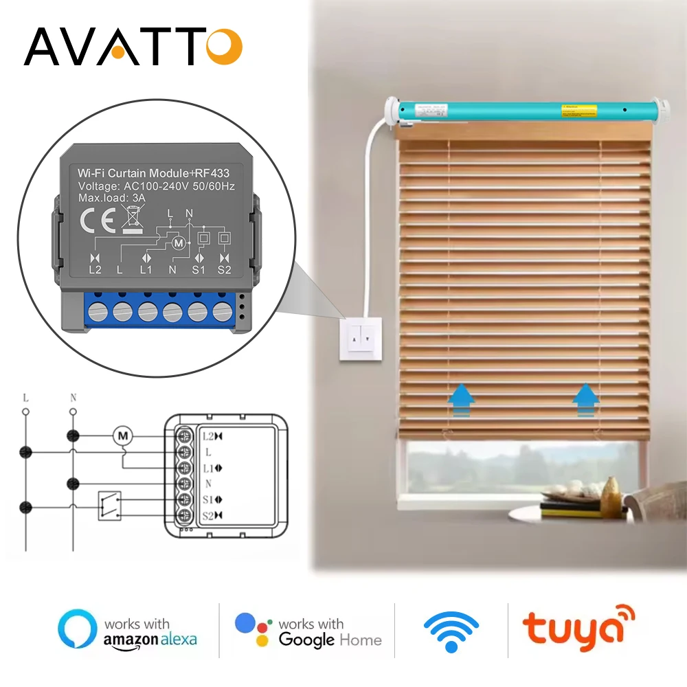 

AVATTO Tuya WiFi + RF433 модуль умного переключателя штор, для электрического двигателя жалюзи, поддержка Alexa Google Home Alice