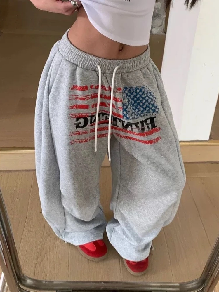 

HOUZHOU Vintage American Printed Letter Pants Women Elastic Waist Casual Wide Leg Trousers Jogger Hip Hop Oversize Sports Pants