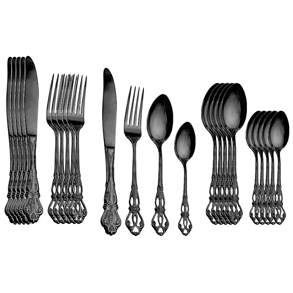 24pcs Royal Cutlery Set Black Stainless Steel Spoon Forks Knives Dinnerware Kitchen Western Dinner Silverware Tableware Gift