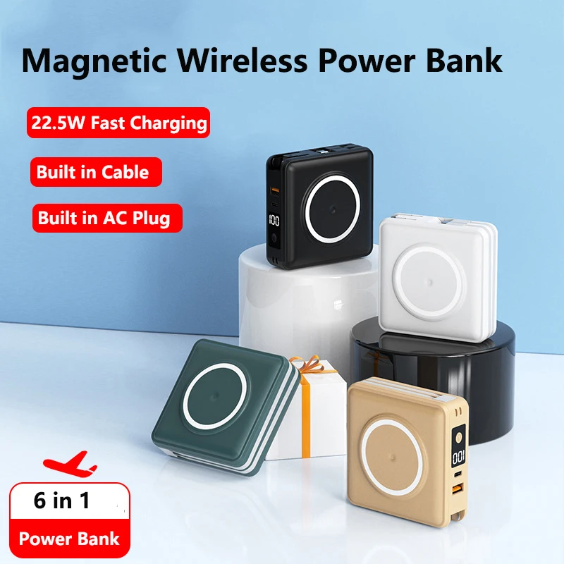 

15000mAh Magnetic Wireless Power Bank with Cable AC Plug Wall Charger for iPhone 15 Samsung Xiaomi 22.5W Fast Charging Powerbank