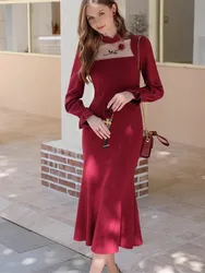 AIGYPTOS Fall Winter Knitted Fish Tail Dress Women Elegant Slim Handmade Crochet Rose Long Sleeve Red Party Birthday Long Dress