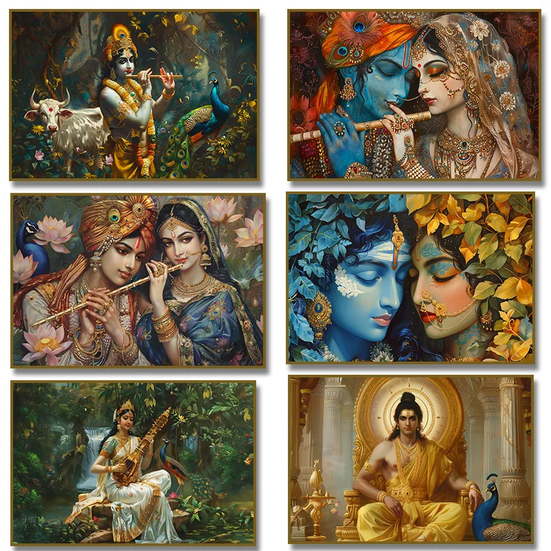 The Krishna Radha Hindu God Saraswati Poster Canvas Painting Print Religious Wall Art Picture for Living Room Home Decor
