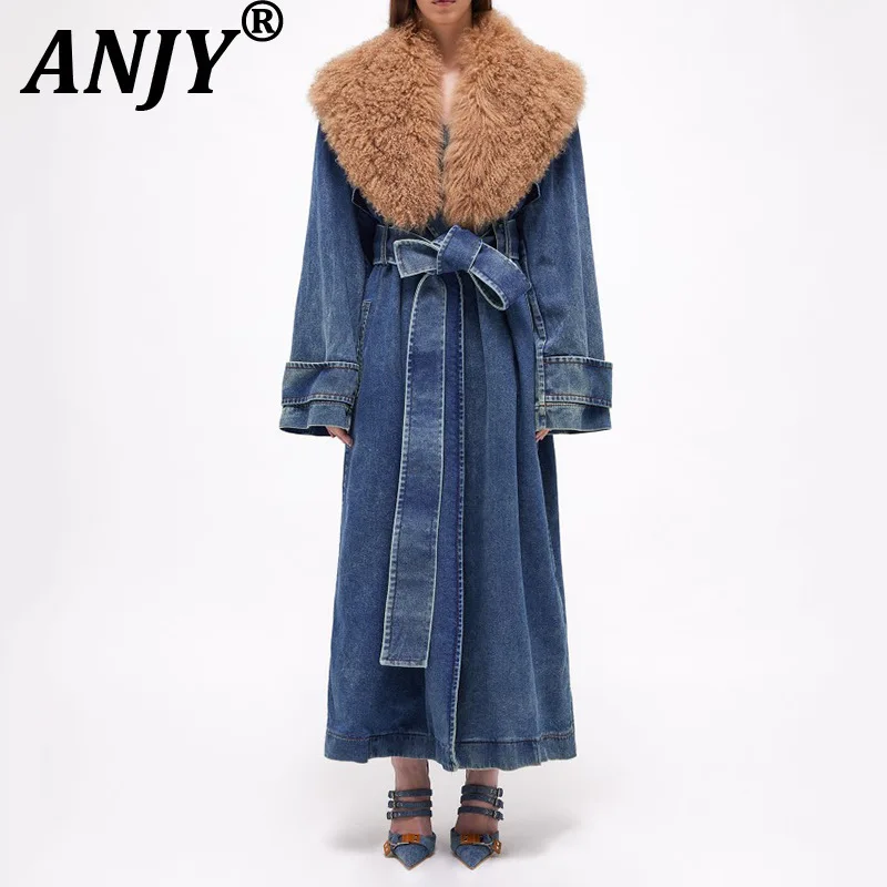 

ANJY Autumn Winter New Women Fashion Elegant Heavy-duty Long Denim Trench Coat High-end Detachable Fur Collar Tide Jacket A13028