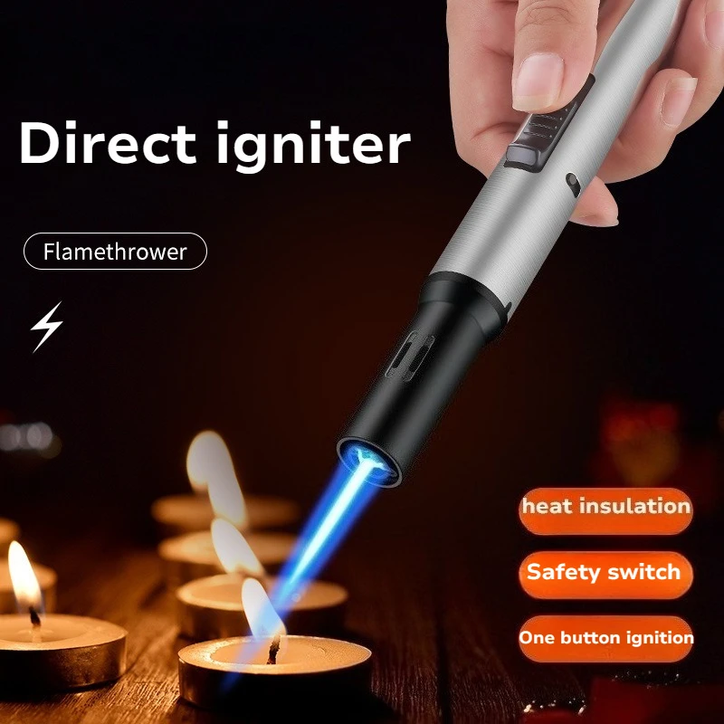 

New Portable Long Straight Spray Gun Lighter Metal Windproof Blue Flame Cigar Lighting Outdoor Barbecue Camping Igniter Gadget