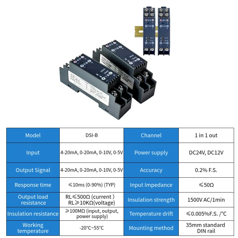 DC Current Voltage Transmitter 0-5V 4-20mA Signal Isolator 0-10V Galvanic Isolated Signal Converter Analog Signal Isolator