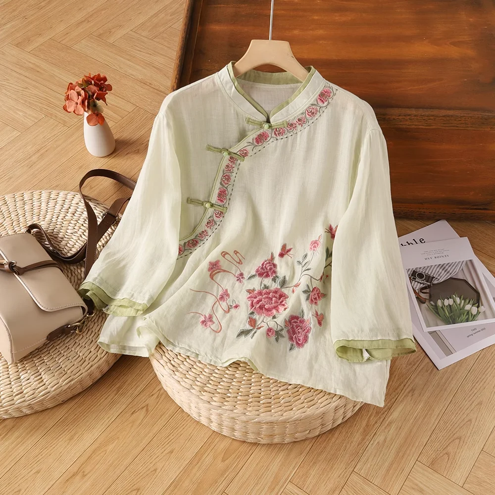 

National Style Summer Cotton Linen Chinese Embroidery Slant Collar Shirt Button-Up Top Retro Three-Quarter Sleeve