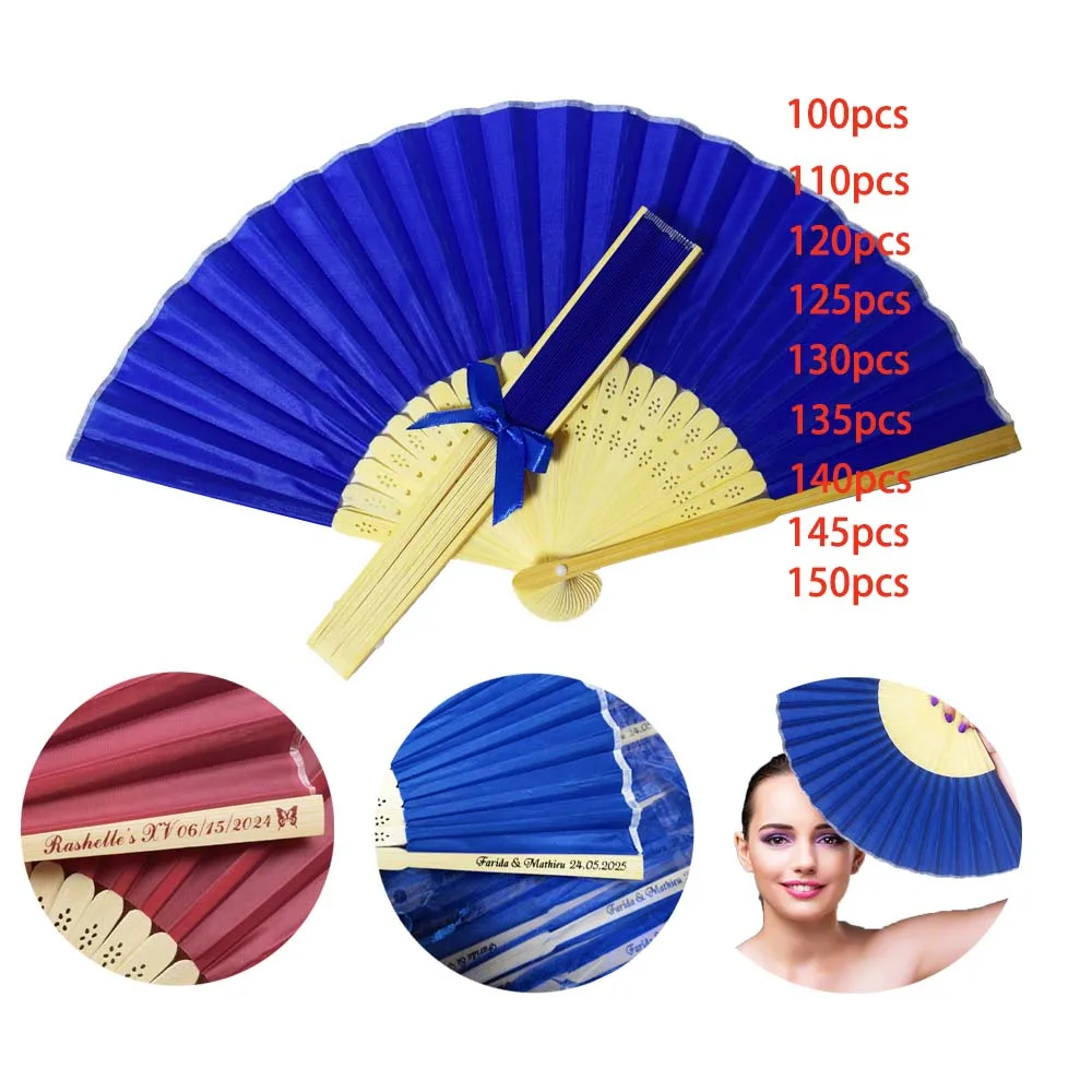 150/120/100Pcs Personalized Folding Bamboo Fan With Ribbon For Communion Gift 110/130/140 Wedding Party Fans Express Shipping