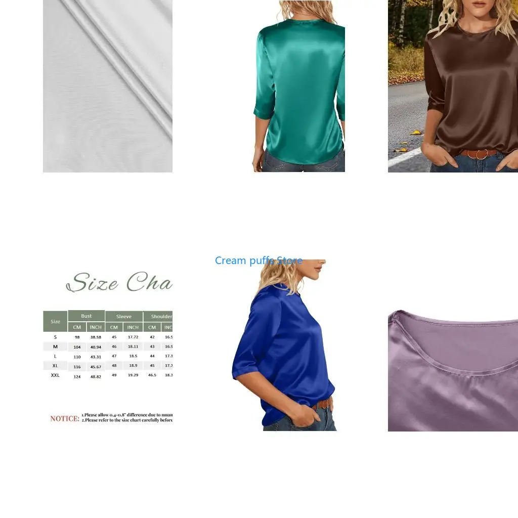 50LE Women's 3/4 Sleeve Pullover Blouses Satins Silk Shirt Casual Loose Work Tunics Tops
